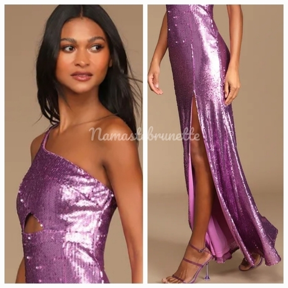 Nwt Lulu's Pink Sequin One-Shoulder Cutout Mermaid Maxi Dress - Picture 3 of 14